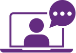 An purple icon of a person using a laptop, with a speech bubble showing online communication.