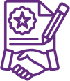 A purple outline drawing of a handshake under a document, showing agreement.