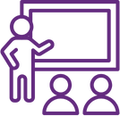 A simple purple drawing of someone teaching two people using a board.